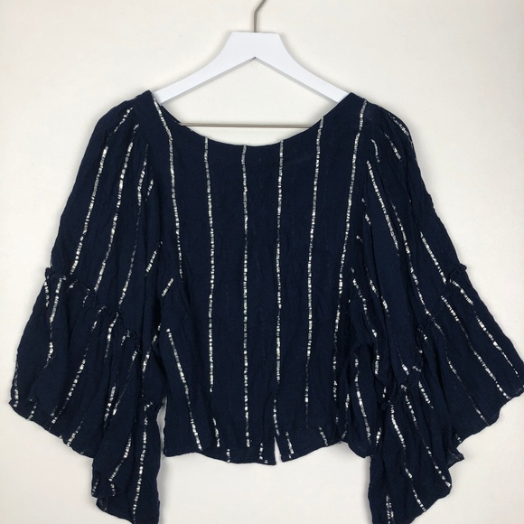 Anthropologie Floreat Silver/Navy 3/4 Bell-Sleeve Blouse - Picture 4 of 6